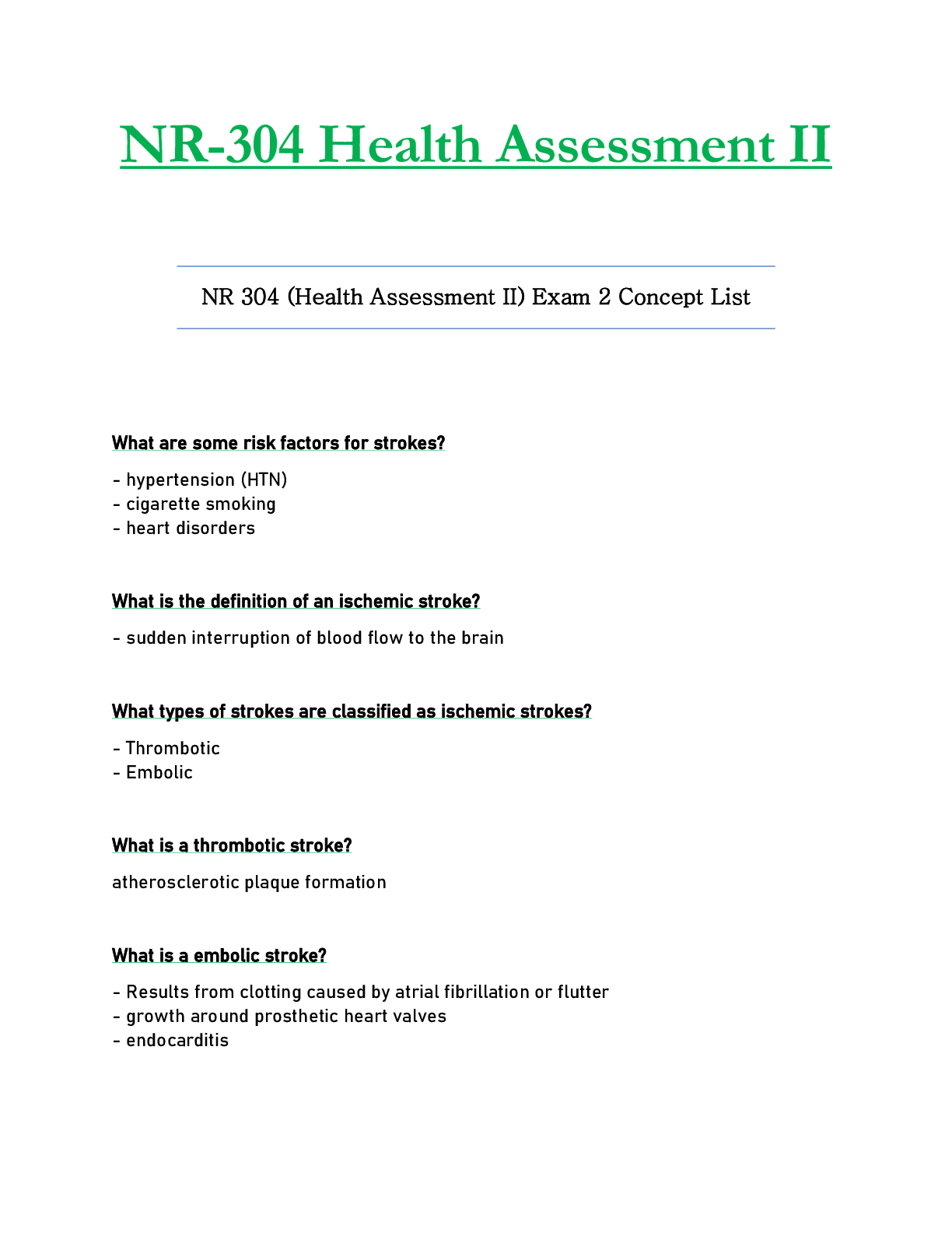 Preview of NR304 / NR-304 Exam 2 Concept List Updated: Health Assessment II - Chamberlain